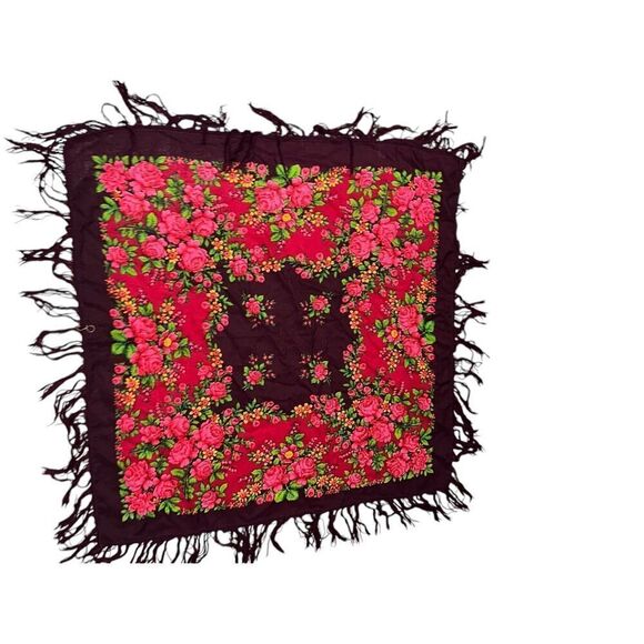 VINTAGE RARE SCARF VINTAGE AUTHENTIC FLORAL ART ROSES burgundy, GREEN approximat - Picture 1 of 6